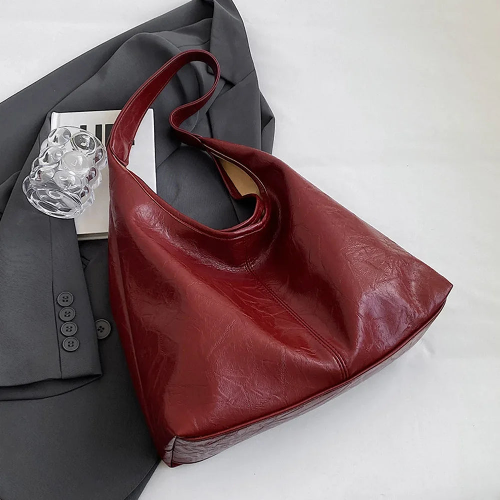 Soft PU Leather Quality Underarm Bag Vintage Wine Red Ladies Shoulder Bag Commuter Large Handbag 2pcs Women's Versatile Tote Bag