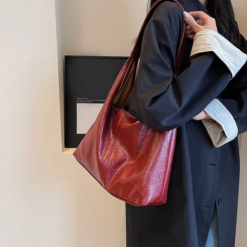 Soft PU Leather Quality Underarm Bag Vintage Wine Red Ladies Shoulder Bag Commuter Large Handbag 2pcs Women's Versatile Tote Bag