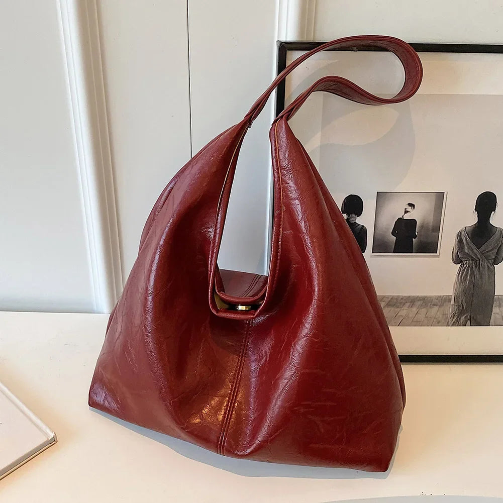 Soft PU Leather Quality Underarm Bag Vintage Wine Red Ladies Shoulder Bag Commuter Large Handbag 2pcs Women's Versatile Tote Bag