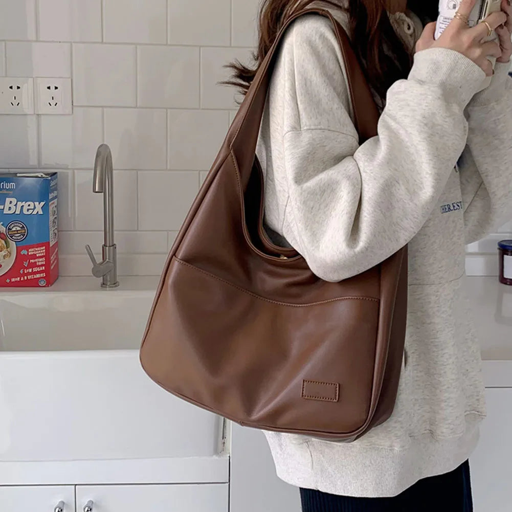 Women PU Leather Shoulder Bag Casual Retro Tote Handbag Large Capacity Top Handle Bag Satchel Armpit Bag Fall Winter Bag