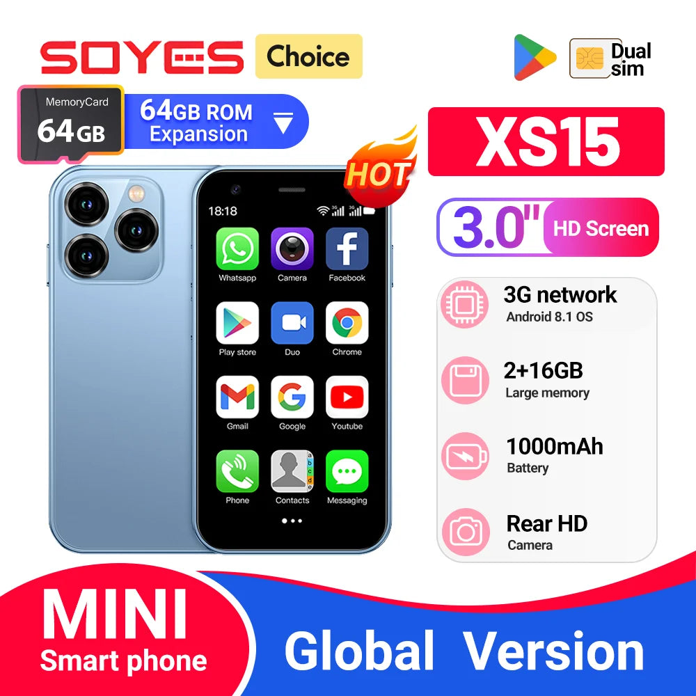 SOYES XS15 Mini Android8.1 Smart Phone 3.0 Inch Display 2GB RAM 16GB ROM Dual SIM Standby Play Store 3G Little Phone