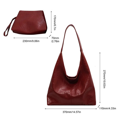 Soft PU Leather Quality Underarm Bag Vintage Wine Red Ladies Shoulder Bag Commuter Large Handbag 2pcs Women's Versatile Tote Bag