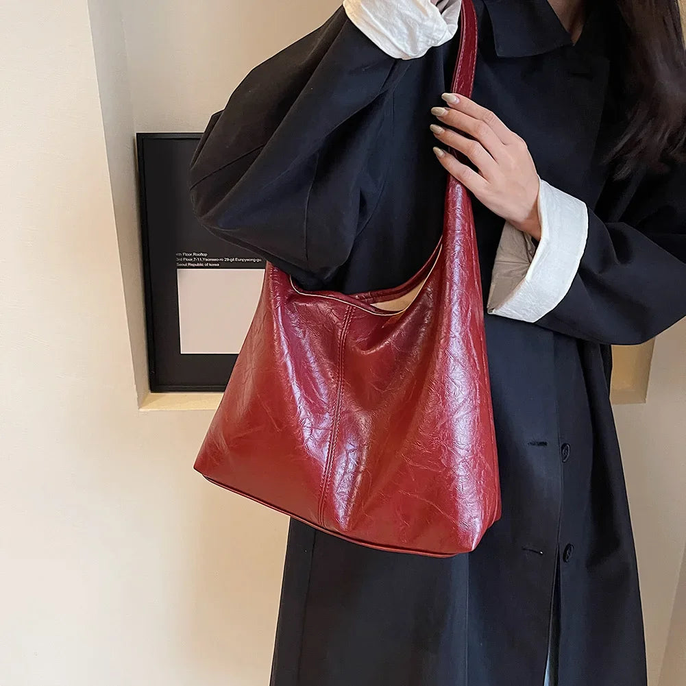 Soft PU Leather Quality Underarm Bag Vintage Wine Red Ladies Shoulder Bag Commuter Large Handbag 2pcs Women's Versatile Tote Bag