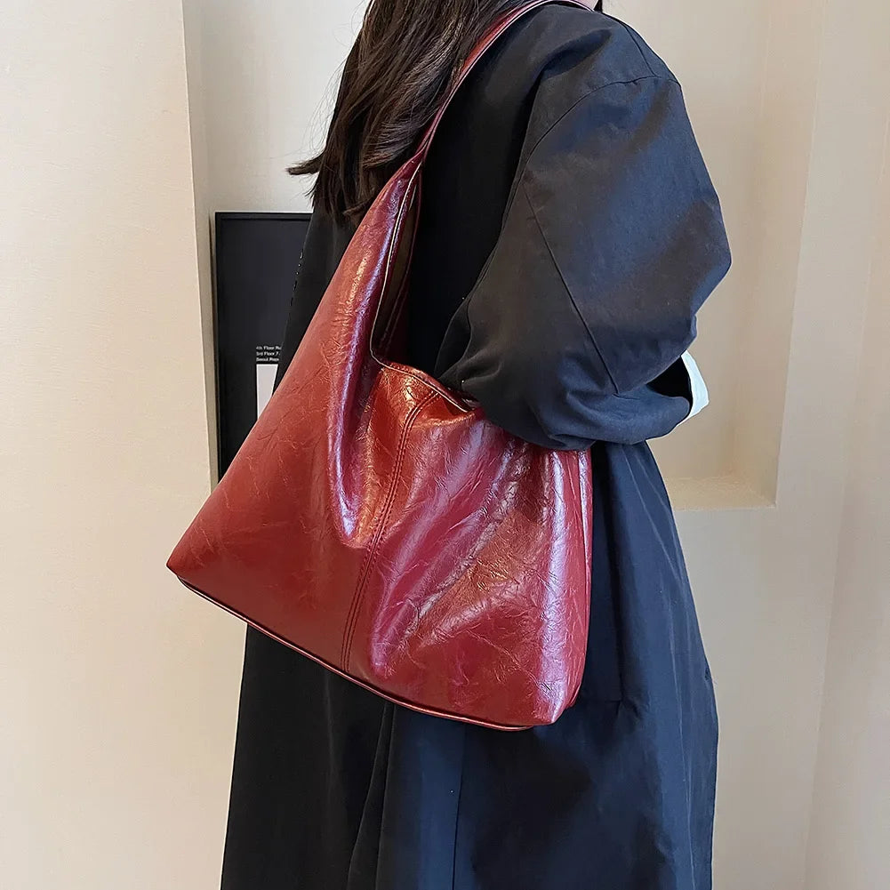 Soft PU Leather Quality Underarm Bag Vintage Wine Red Ladies Shoulder Bag Commuter Large Handbag 2pcs Women's Versatile Tote Bag